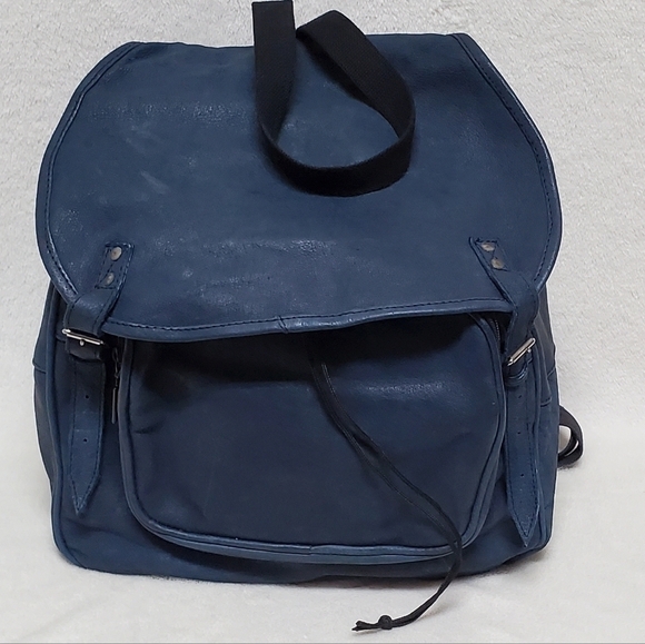 VINTAGE 70s Indigo Blue Textured Leather Large Backpack Overnight Weekend Bag - Picture 3 of 16